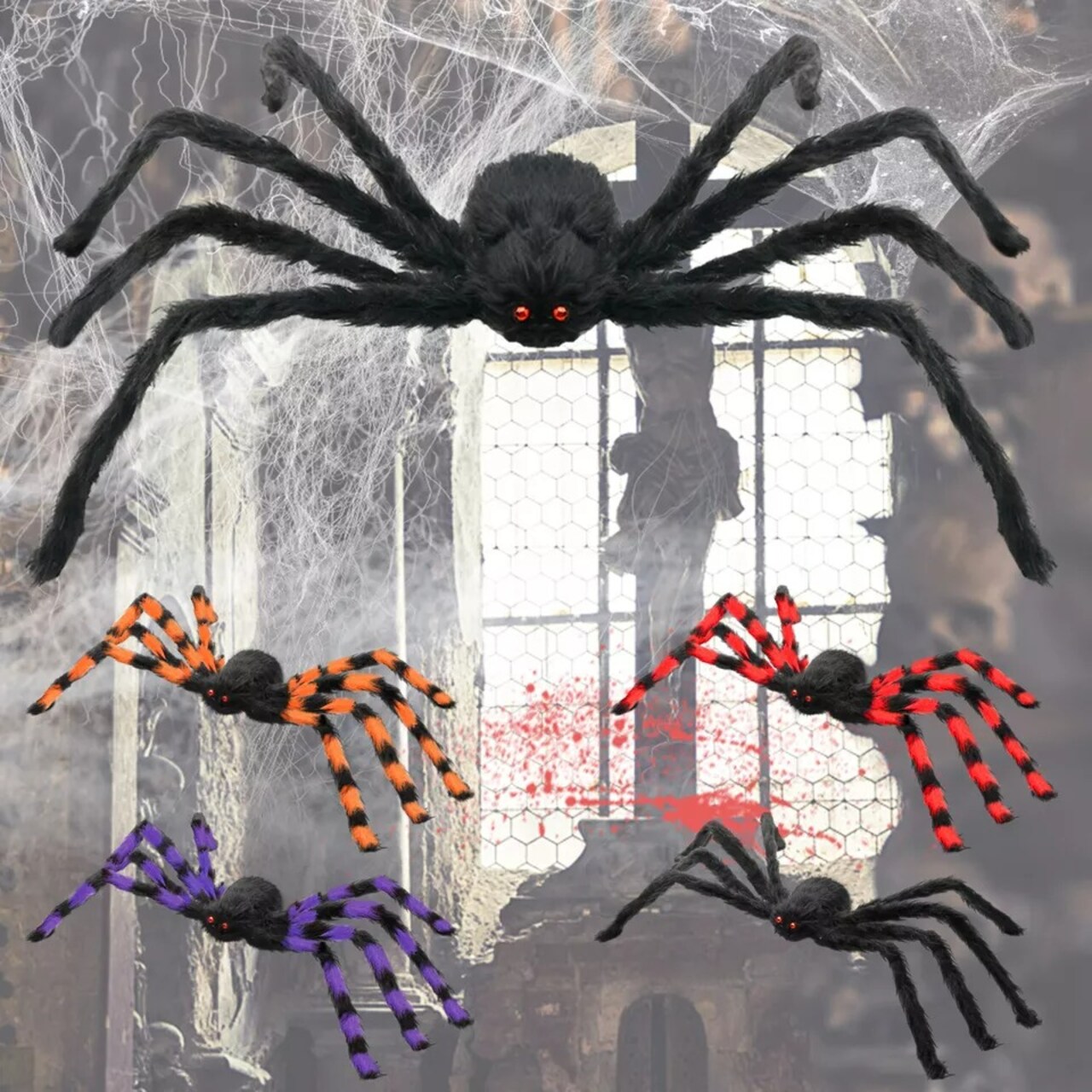 Giant Creepy Spiders Halloween Decor Haunted House Spider Web Party DIY Props